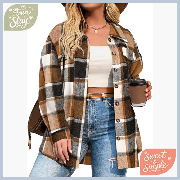 Tops - Plus Size Flannel Shacket Long Sleeve Button Down Blouse Casual Tops